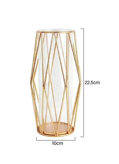 Desk Decorative Transparent Glass Vase Geometric Hydroponic Vase With Iron Frame (W13 x H23)cm - Gold