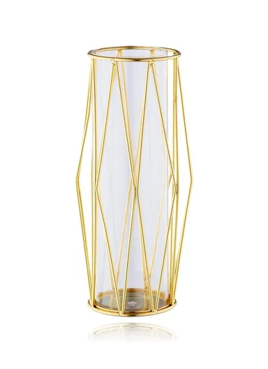 Desk Decorative Transparent Glass Vase Geometric Hydroponic Vase With Iron Frame (W13 x H23)cm - Gold