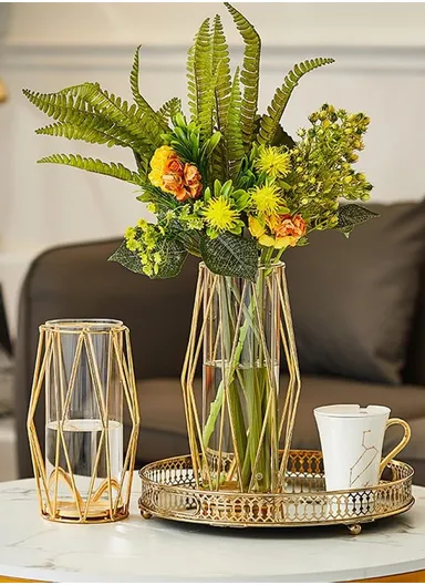 Desk Decorative Transparent Glass Vase Geometric Hydroponic Vase With Iron Frame (W13 x H23)cm - Gold