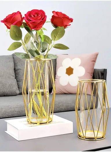 Desk Decorative Transparent Glass Vase Geometric Hydroponic Vase With Iron Frame (W13 x H23)cm - Gold