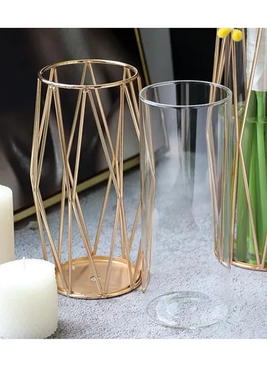 Desk Decorative Transparent Glass Vase Geometric Hydroponic Vase With Iron Frame (W13 x H23)cm - Gold