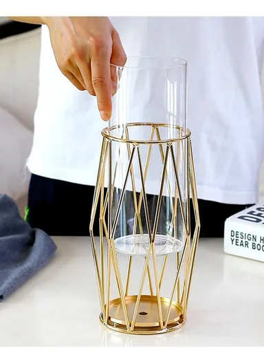 Desk Decorative Transparent Glass Vase Geometric Hydroponic Vase With Iron Frame (W13 x H23)cm - Gold