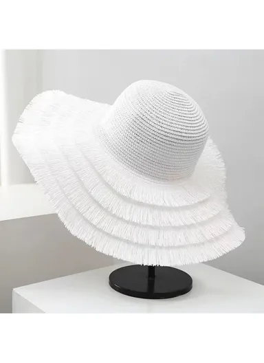 47cm Women Big Brim Sun Protection Beach Hat with Decorative Ropes for Outdoor Vacation &amp; Sun Protection - White