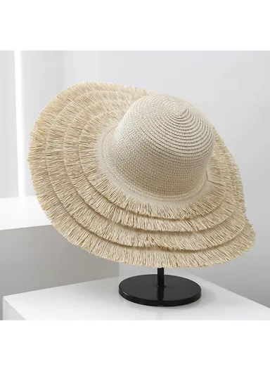 47cm Women Big Brim Sun Protection Beach Hat with Decorative Ropes for Outdoor Vacation &amp; Sun Protection - Light Beige
