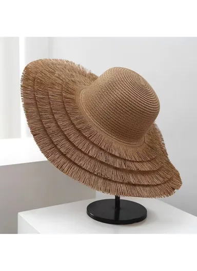 47cm Women Big Brim Sun Protection Beach Hat with Decorative Ropes for Outdoor Vacation &amp; Sun Protection - Dark Beige