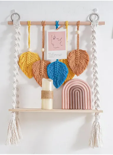 Macrame Woven Tapestry Storage Rack Wall Hanging Shelf Floating Hanging Plant Shelf Storage Organizer Living Room Bedroom Decor WCQ004-2