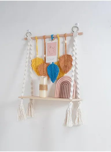 Macrame Woven Tapestry Storage Rack Wall Hanging Shelf Floating Hanging Plant Shelf Storage Organizer Living Room Bedroom Decor WCQ004-2