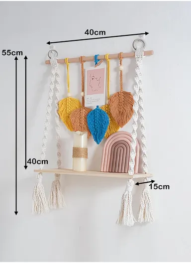 Macrame Woven Tapestry Storage Rack Wall Hanging Shelf Floating Hanging Plant Shelf Storage Organizer Living Room Bedroom Decor WCQ004-2