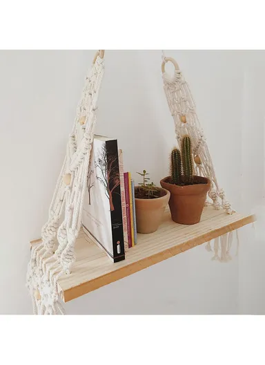 Macrame Wall Hanging Shelf, Wooden Hanging Shelf Organiser Hanger, Rope Wall Hanging Shelf, Plant Hanger, Handmade Boho Woven Home Wall Decor WCQ010