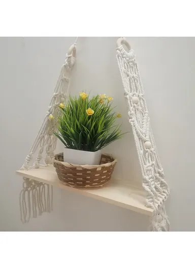 Macrame Wall Hanging Shelf, Wooden Hanging Shelf Organiser Hanger, Rope Wall Hanging Shelf, Plant Hanger, Handmade Boho Woven Home Wall Decor WCQ010