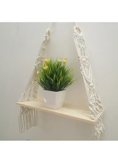 Macrame Wall Hanging Shelf, Wooden Hanging Shelf Organiser Hanger, Rope Wall Hanging Shelf, Plant Hanger, Handmade Boho Woven Home Wall Decor WCQ010