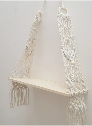 Macrame Wall Hanging Shelf, Wooden Hanging Shelf Organiser Hanger, Rope Wall Hanging Shelf, Plant Hanger, Handmade Boho Woven Home Wall Decor WCQ010