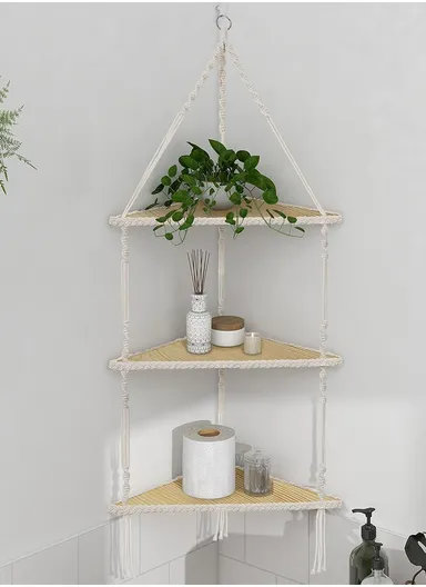 3-Layer Macrame Wall Hanging Shelf, Wooden Hanging Shelf Organiser Hanger, Rope Wall Hanging Shelf, Plant Hanger, Handmade Boho Woven Home Wall Decor MB004 (W41 x D29 x H98)cm