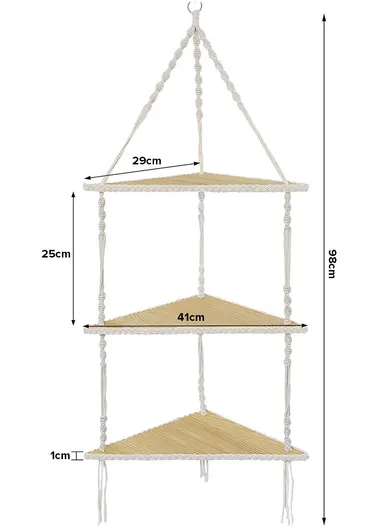 3-Layer Macrame Wall Hanging Shelf, Wooden Hanging Shelf Organiser Hanger, Rope Wall Hanging Shelf, Plant Hanger, Handmade Boho Woven Home Wall Decor MB004 (W41 x D29 x H98)cm