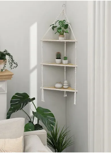 3-Layer Macrame Wall Hanging Shelf, Wooden Hanging Shelf Organiser Hanger, Rope Wall Hanging Shelf, Plant Hanger, Handmade Boho Woven Home Wall Decor MB004 (W41 x D29 x H98)cm