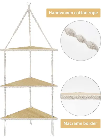 3-Layer Macrame Wall Hanging Shelf, Wooden Hanging Shelf Organiser Hanger, Rope Wall Hanging Shelf, Plant Hanger, Handmade Boho Woven Home Wall Decor MB004 (W41 x D29 x H98)cm