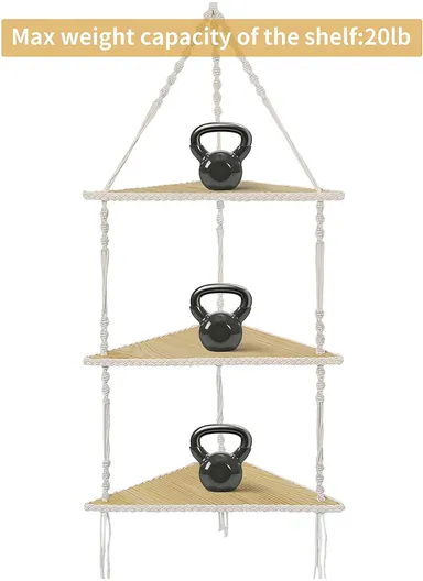3-Layer Macrame Wall Hanging Shelf, Wooden Hanging Shelf Organiser Hanger, Rope Wall Hanging Shelf, Plant Hanger, Handmade Boho Woven Home Wall Decor MB004 (W41 x D29 x H98)cm
