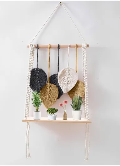 5-Leaf Single Layer Macrame Woven Tapestry Storage Rack Wall Hanging Shelf Floating Hanging Plant Shelf Storage Organizer Living Room Bedroom Decor MB008
