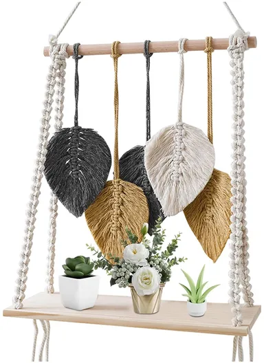 5-Leaf Single Layer Macrame Woven Tapestry Storage Rack Wall Hanging Shelf Floating Hanging Plant Shelf Storage Organizer Living Room Bedroom Decor MB008