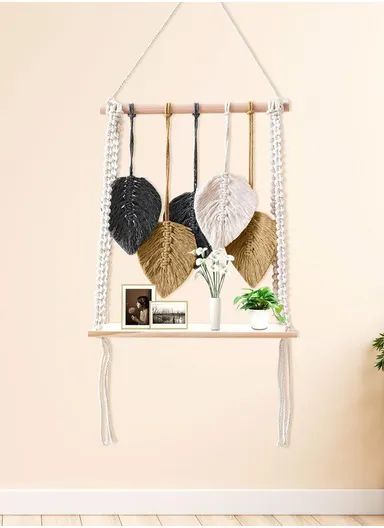 5-Leaf Single Layer Macrame Woven Tapestry Storage Rack Wall Hanging Shelf Floating Hanging Plant Shelf Storage Organizer Living Room Bedroom Decor MB008