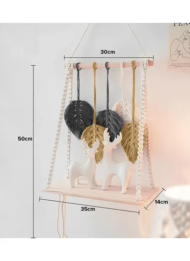 5-Leaf Single Layer Macrame Woven Tapestry Storage Rack Wall Hanging Shelf Floating Hanging Plant Shelf Storage Organizer Living Room Bedroom Decor MB008