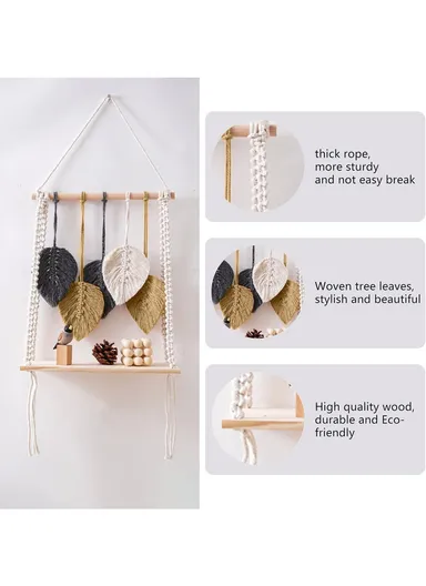 5-Leaf Single Layer Macrame Woven Tapestry Storage Rack Wall Hanging Shelf Floating Hanging Plant Shelf Storage Organizer Living Room Bedroom Decor MB008