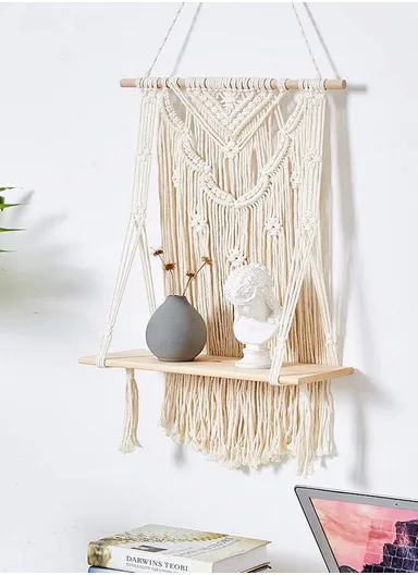 Macrame Wall Hanging Shelf, Wooden Hanging Shelf Organiser Hanger, Rope Wall Hanging Shelf, Plant Hanger, Handmade Boho Woven Home Wall Decor
