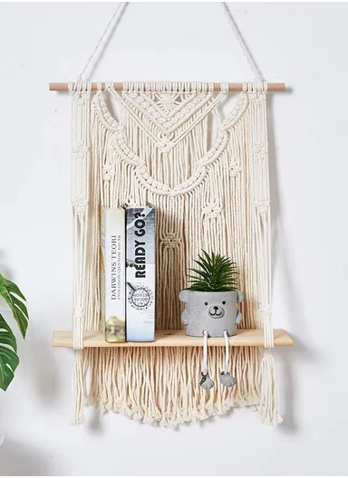 Macrame Wall Hanging Shelf, Wooden Hanging Shelf Organiser Hanger, Rope Wall Hanging Shelf, Plant Hanger, Handmade Boho Woven Home Wall Decor