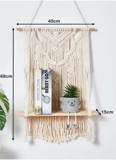 Macrame Wall Hanging Shelf, Wooden Hanging Shelf Organiser Hanger, Rope Wall Hanging Shelf, Plant Hanger, Handmade Boho Woven Home Wall Decor