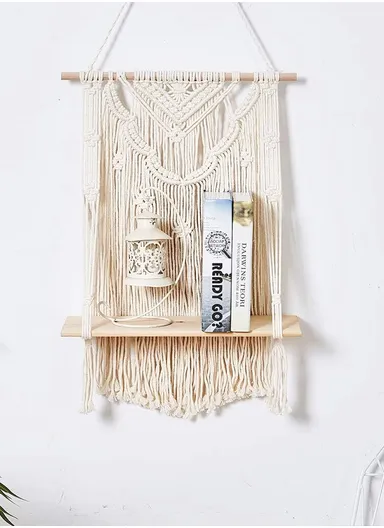 Macrame Wall Hanging Shelf, Wooden Hanging Shelf Organiser Hanger, Rope Wall Hanging Shelf, Plant Hanger, Handmade Boho Woven Home Wall Decor