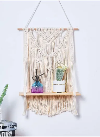 Macrame Wall Hanging Shelf, Wooden Hanging Shelf Organiser Hanger, Rope Wall Hanging Shelf, Plant Hanger, Handmade Boho Woven Home Wall Decor
