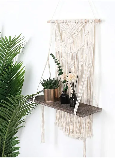 Macrame Wall Hanging Shelf, Wooden Hanging Shelf Organiser Hanger, Rope Wall Hanging Shelf, Plant Hanger, Handmade Boho Woven Home Wall Decor