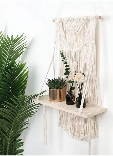 Macrame Wall Hanging Shelf, Wooden Hanging Shelf Organiser Hanger, Rope Wall Hanging Shelf, Plant Hanger, Handmade Boho Woven Home Wall Decor
