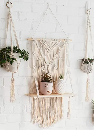 Macrame Wall Hanging Shelf, Wooden Hanging Shelf Organiser Hanger, Rope Wall Hanging Shelf, Plant Hanger, Handmade Boho Woven Home Wall Decor