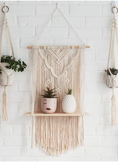 Macrame Wall Hanging Shelf, Wooden Hanging Shelf Organiser Hanger, Rope Wall Hanging Shelf, Plant Hanger, Handmade Boho Woven Home Wall Decor