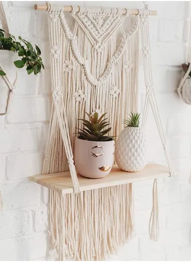 Macrame Wall Hanging Shelf, Wooden Hanging Shelf Organiser Hanger, Rope Wall Hanging Shelf, Plant Hanger, Handmade Boho Woven Home Wall Decor