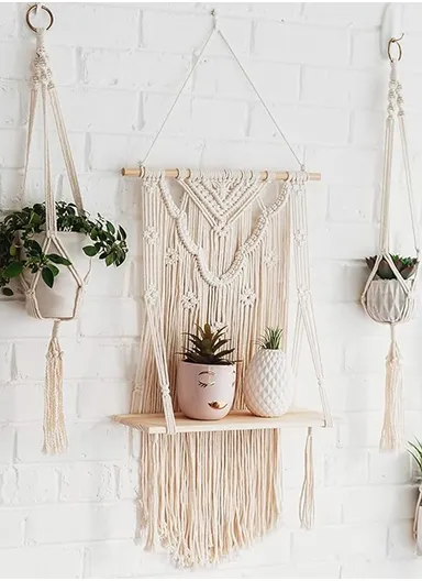 Macrame Wall Hanging Shelf, Wooden Hanging Shelf Organiser Hanger, Rope Wall Hanging Shelf, Plant Hanger, Handmade Boho Woven Home Wall Decor