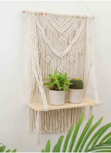 Macrame Wall Hanging Shelf, Wooden Hanging Shelf Organiser Hanger, Rope Wall Hanging Shelf, Plant Hanger, Handmade Boho Woven Home Wall Decor