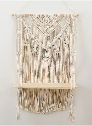 Macrame Wall Hanging Shelf, Wooden Hanging Shelf Organiser Hanger, Rope Wall Hanging Shelf, Plant Hanger, Handmade Boho Woven Home Wall Decor