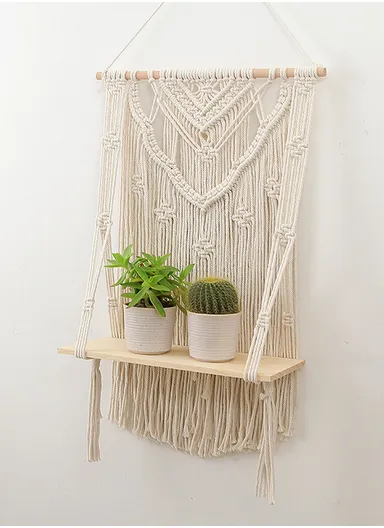 Macrame Wall Hanging Shelf, Wooden Hanging Shelf Organiser Hanger, Rope Wall Hanging Shelf, Plant Hanger, Handmade Boho Woven Home Wall Decor