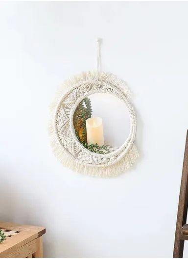 36cm Bohemian Macrame Wall Hanging Mirror Elegant Cotton &amp; Glass Decor