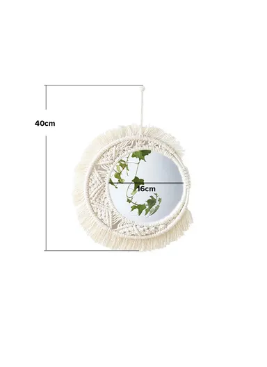 36cm Bohemian Macrame Wall Hanging Mirror Elegant Cotton &amp; Glass Decor