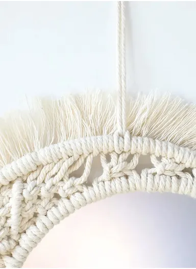 36cm Bohemian Macrame Wall Hanging Mirror Elegant Cotton &amp; Glass Decor