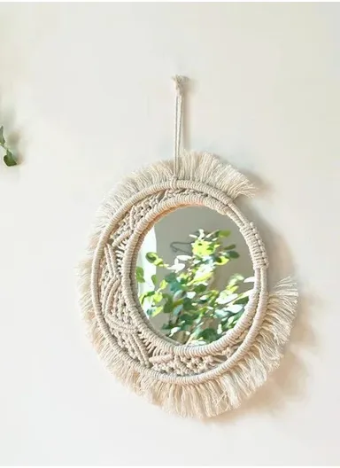 36cm Bohemian Macrame Wall Hanging Mirror Elegant Cotton &amp; Glass Decor