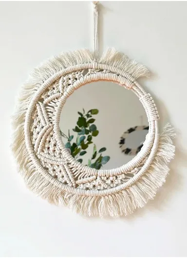 36cm Bohemian Macrame Wall Hanging Mirror Elegant Cotton &amp; Glass Decor