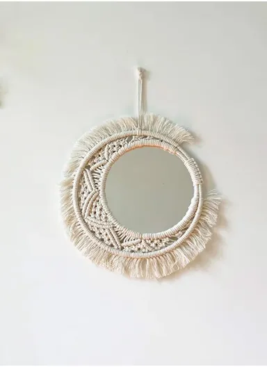 36cm Bohemian Macrame Wall Hanging Mirror Elegant Cotton &amp; Glass Decor