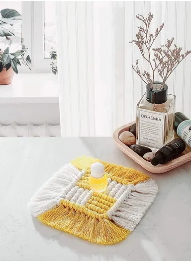 15cm Embroidery Placement Mat, Crochet Rope Braid Woven Crochet Placemats Cotton Braid Handmade Nordic Placemats GT036 - Yellow