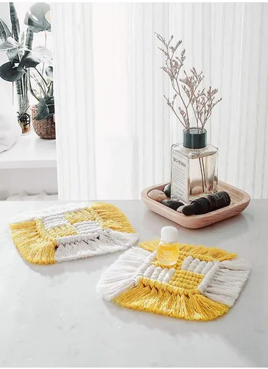 15cm Embroidery Placement Mat, Crochet Rope Braid Woven Crochet Placemats Cotton Braid Handmade Nordic Placemats GT036 - Yellow