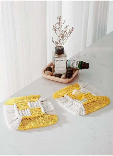 15cm Embroidery Placement Mat, Crochet Rope Braid Woven Crochet Placemats Cotton Braid Handmade Nordic Placemats GT036 - Yellow
