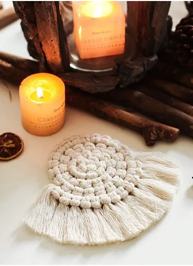 14cm Macrame Coasters for Drinks, Handmade Coasters with Tassels, Fan Shaped Coasters, Bohemian Home Decor Table Pad GT046